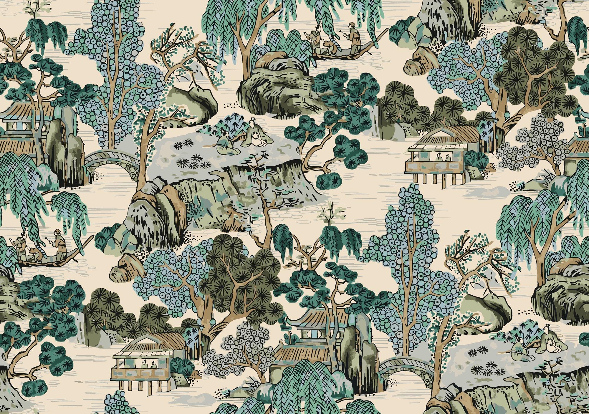 Vintage Japanese Landscape Peel and Stick Wallpaper: Asian Pagoda Mural - View 2