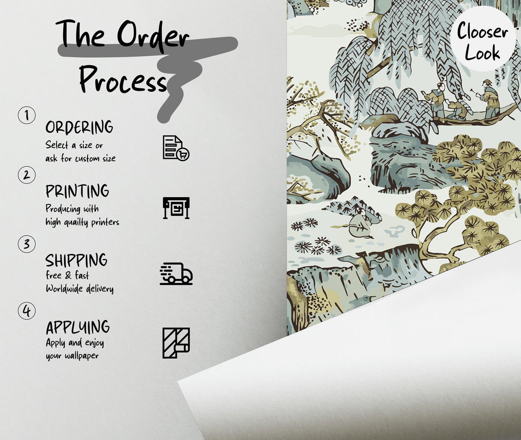 Chinoiserie Landscape Wallpaper: Asian Scenic Peel and Stick Wall Mural - View 2