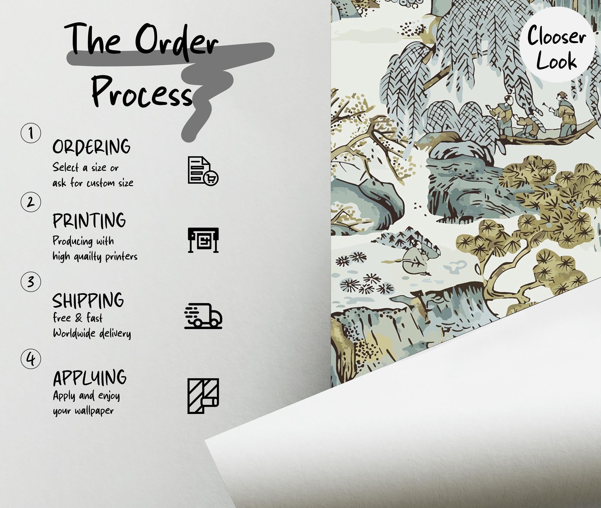 Chinoiserie Landscape Wallpaper: Asian Scenic Peel and Stick Wall Mural - View 2