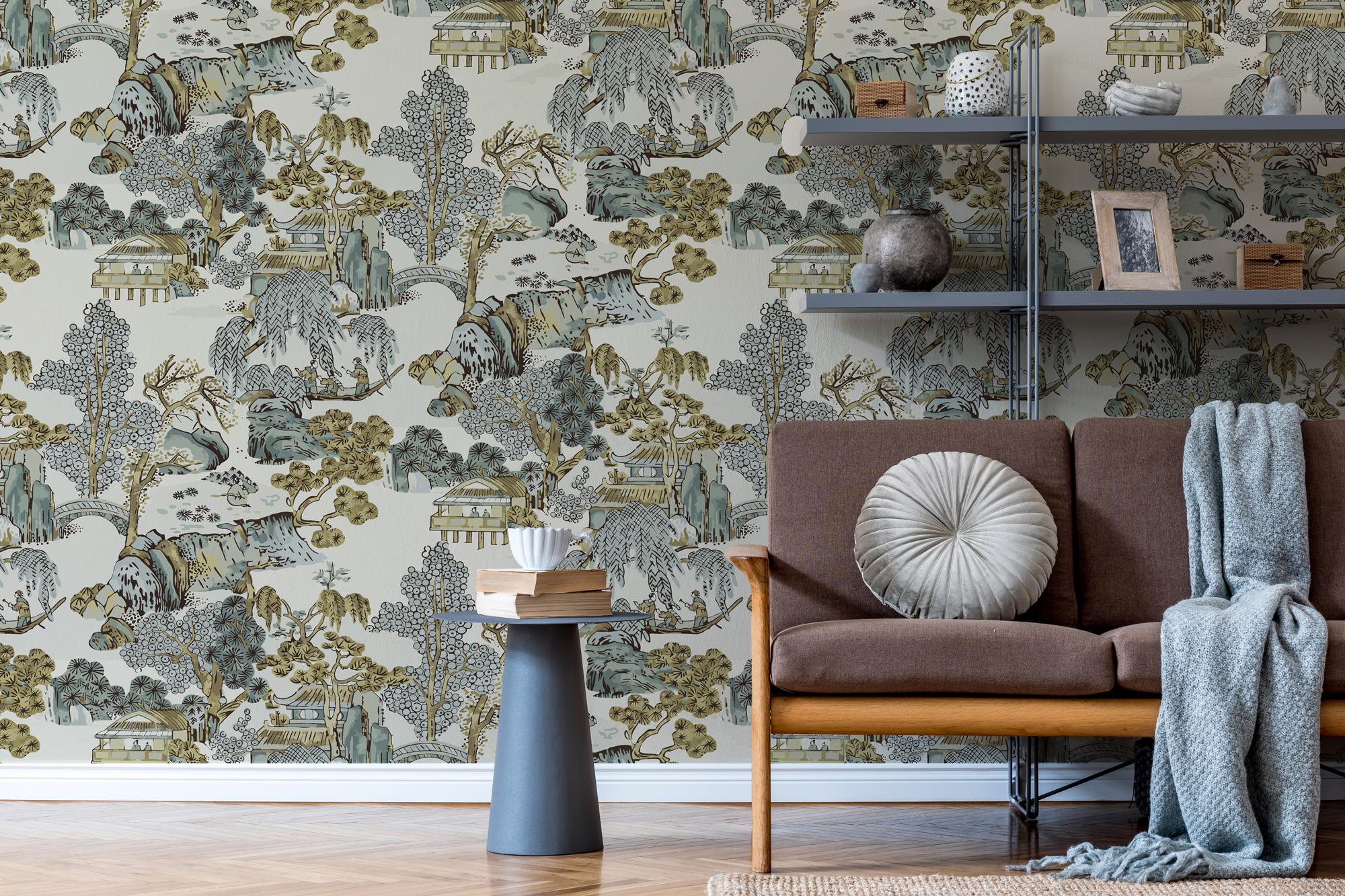 Chinoiserie Landscape Wallpaper: Asian Scenic Peel and Stick Wall Mural - View 6