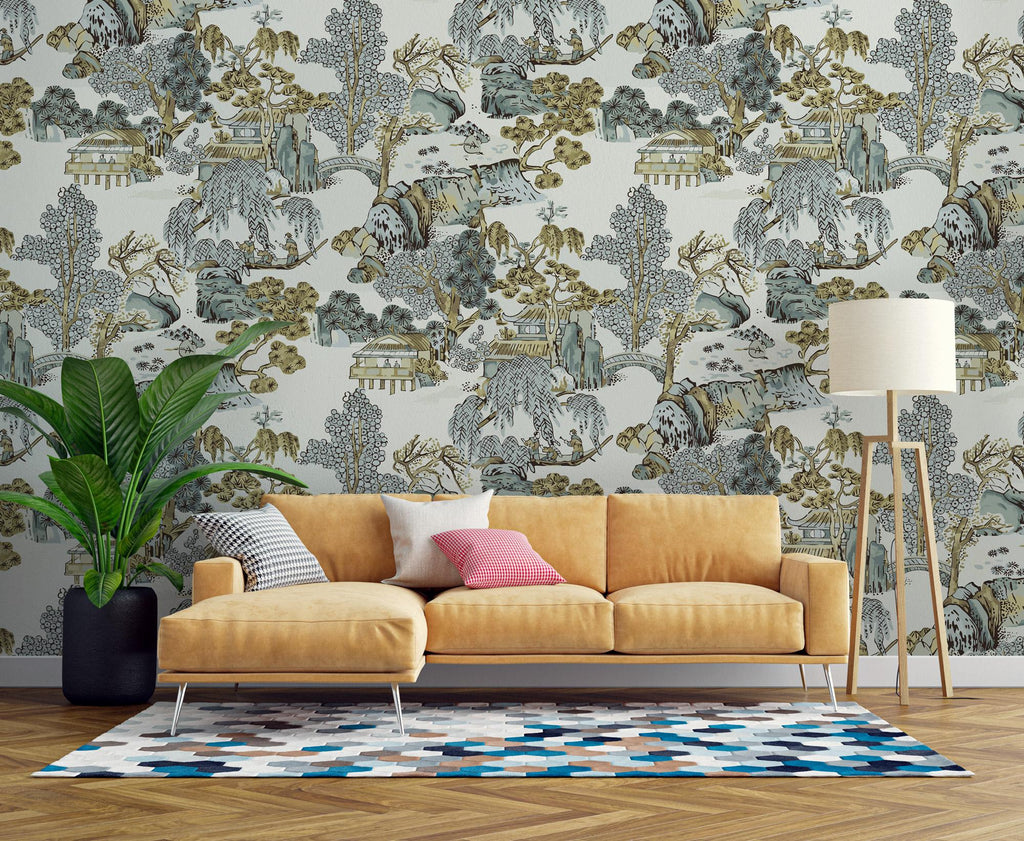 Chinoiserie Landscape Wallpaper: Asian Scenic Peel and Stick Wall Mural - View 7