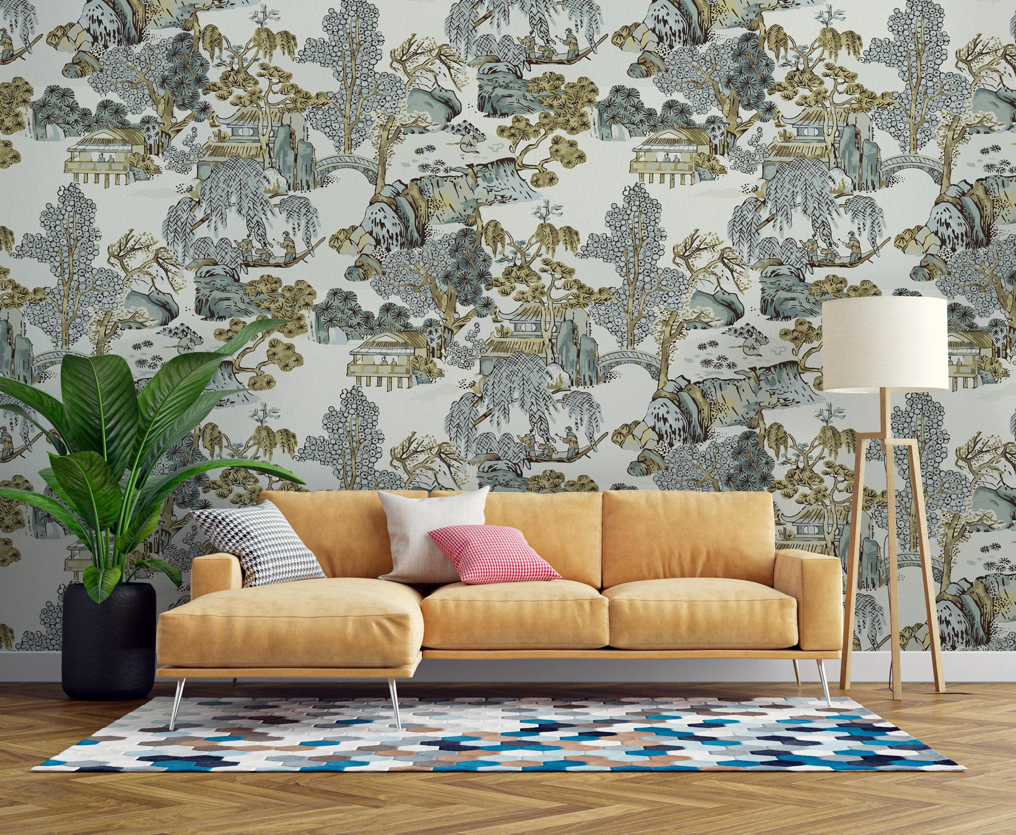 Chinoiserie Landscape Wallpaper: Asian Scenic Peel and Stick Wall Mural - View 7