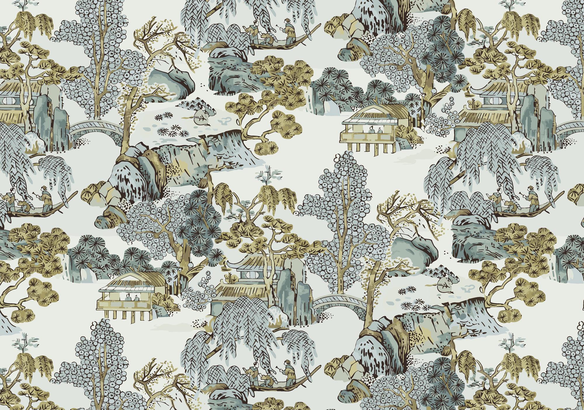 Chinoiserie Landscape Wallpaper: Asian Scenic Peel and Stick Wall Mural - View 5