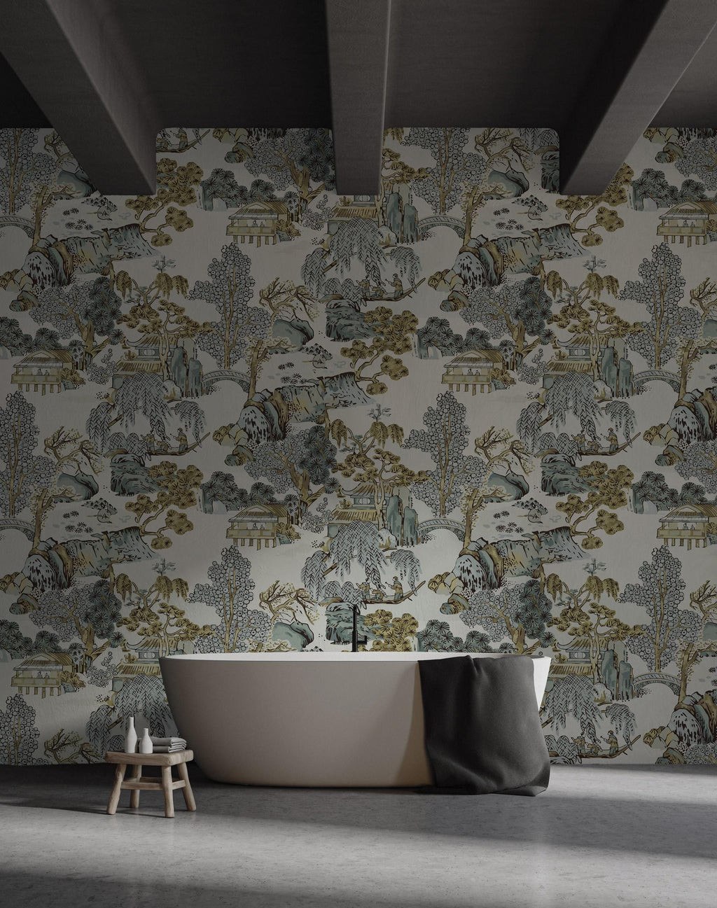 Chinoiserie Landscape Wallpaper: Asian Scenic Peel and Stick Wall Mural - View 4