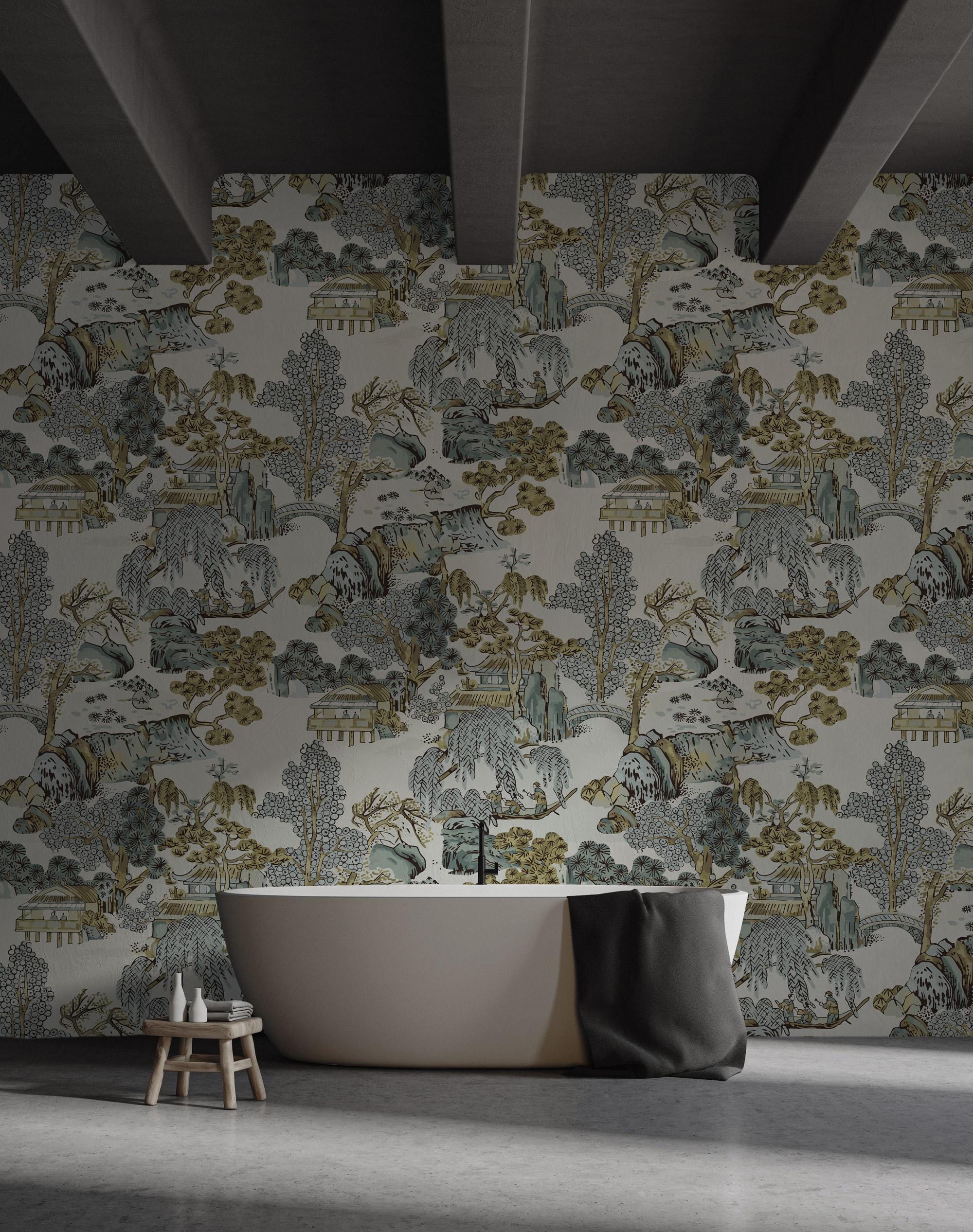 Chinoiserie Landscape Wallpaper: Asian Scenic Peel and Stick Wall Mural - View 4