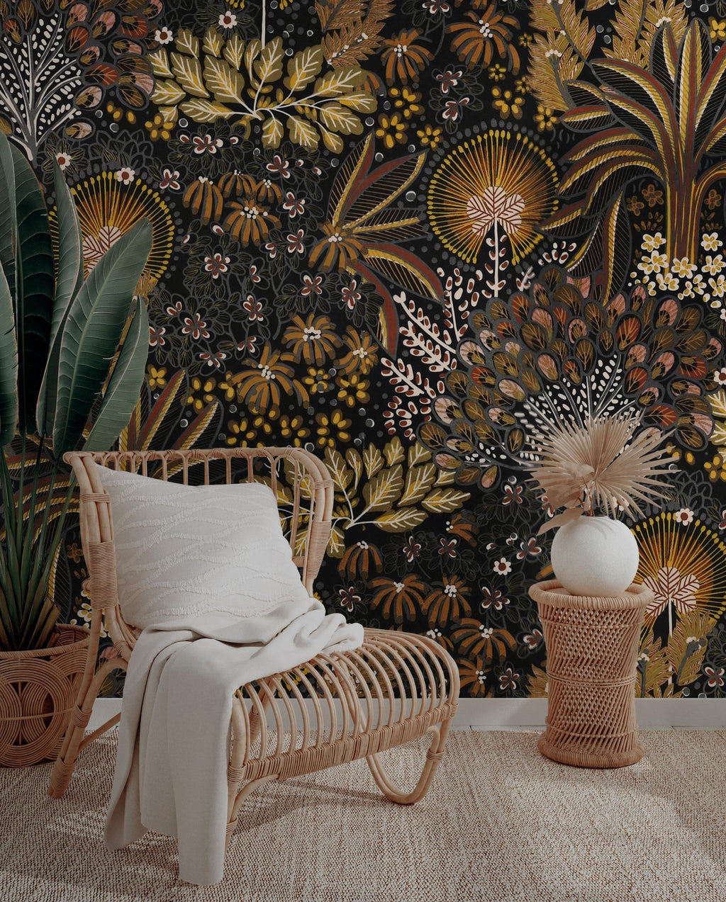 Dark Botanical Wallpaper: Vintage Tropical Peel and Stick Mural - View 3
