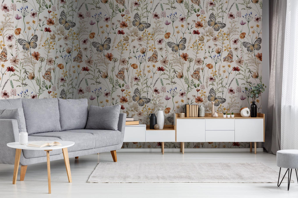 Watercolor Flower Butterfly Wallpaper: Boho Botanical Wall Mural - View 4