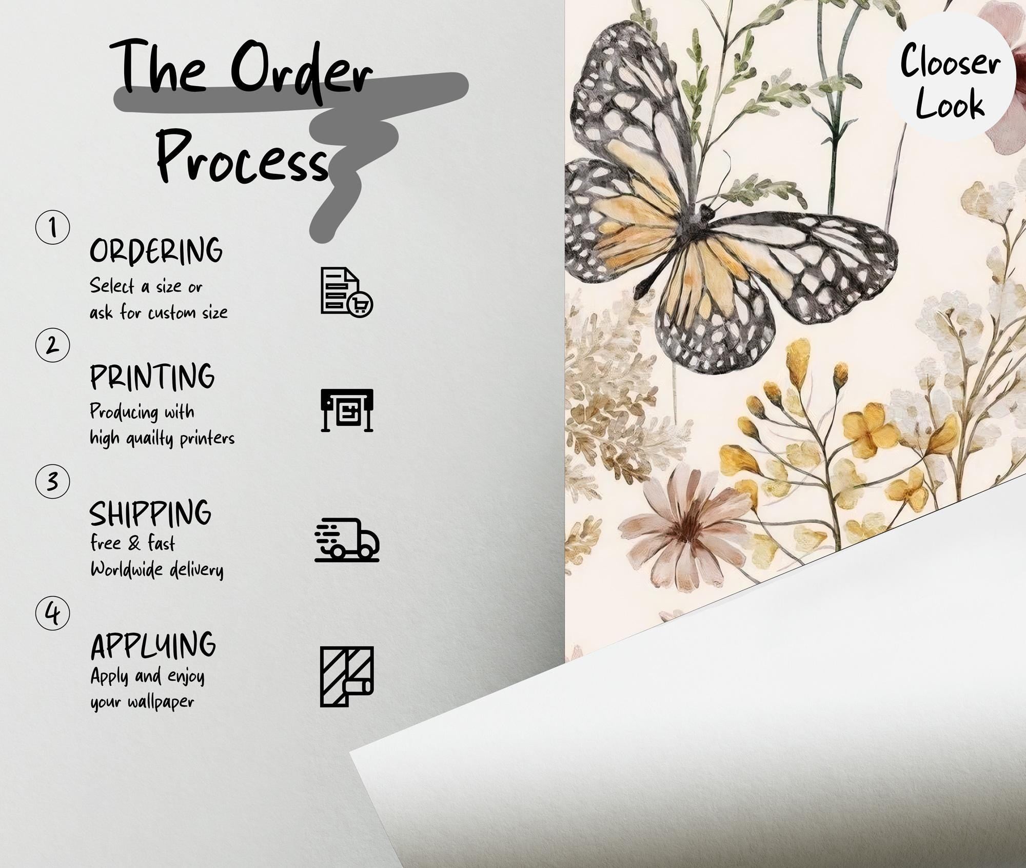 Watercolor Flower Butterfly Wallpaper: Boho Botanical Wall Mural - View 3