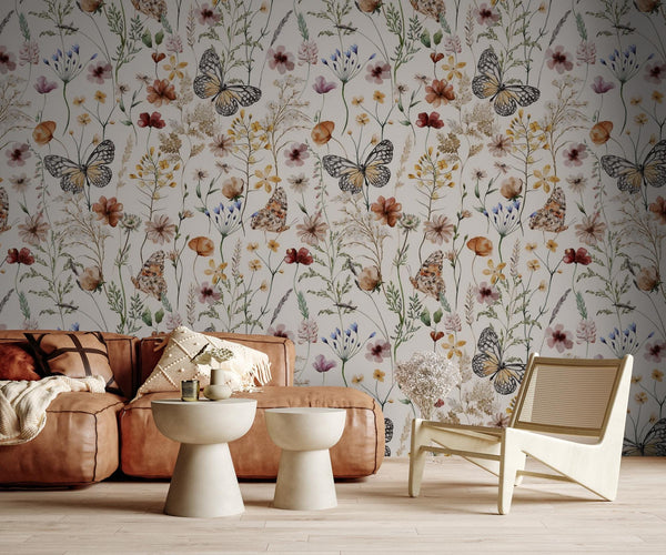 Watercolor Flower Butterfly Wallpaper: Boho Botanical Wall Mural