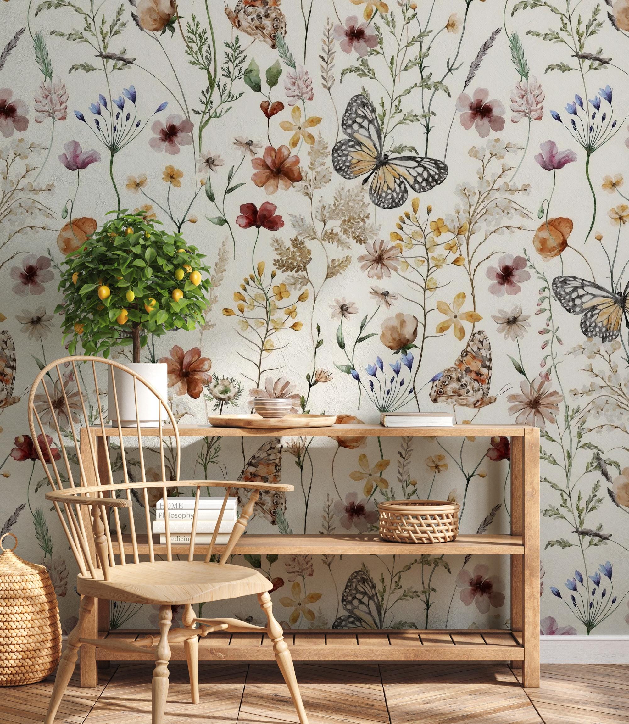 Watercolor Flower Butterfly Wallpaper: Boho Botanical Wall Mural - View 2