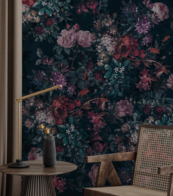 Dark Moody Floral Wallpaper, Peel and Stick Wall Mural, Vintage Blooms Wallpaper, Romantic Cottagecore Decor, Bold Statement Wall Mural