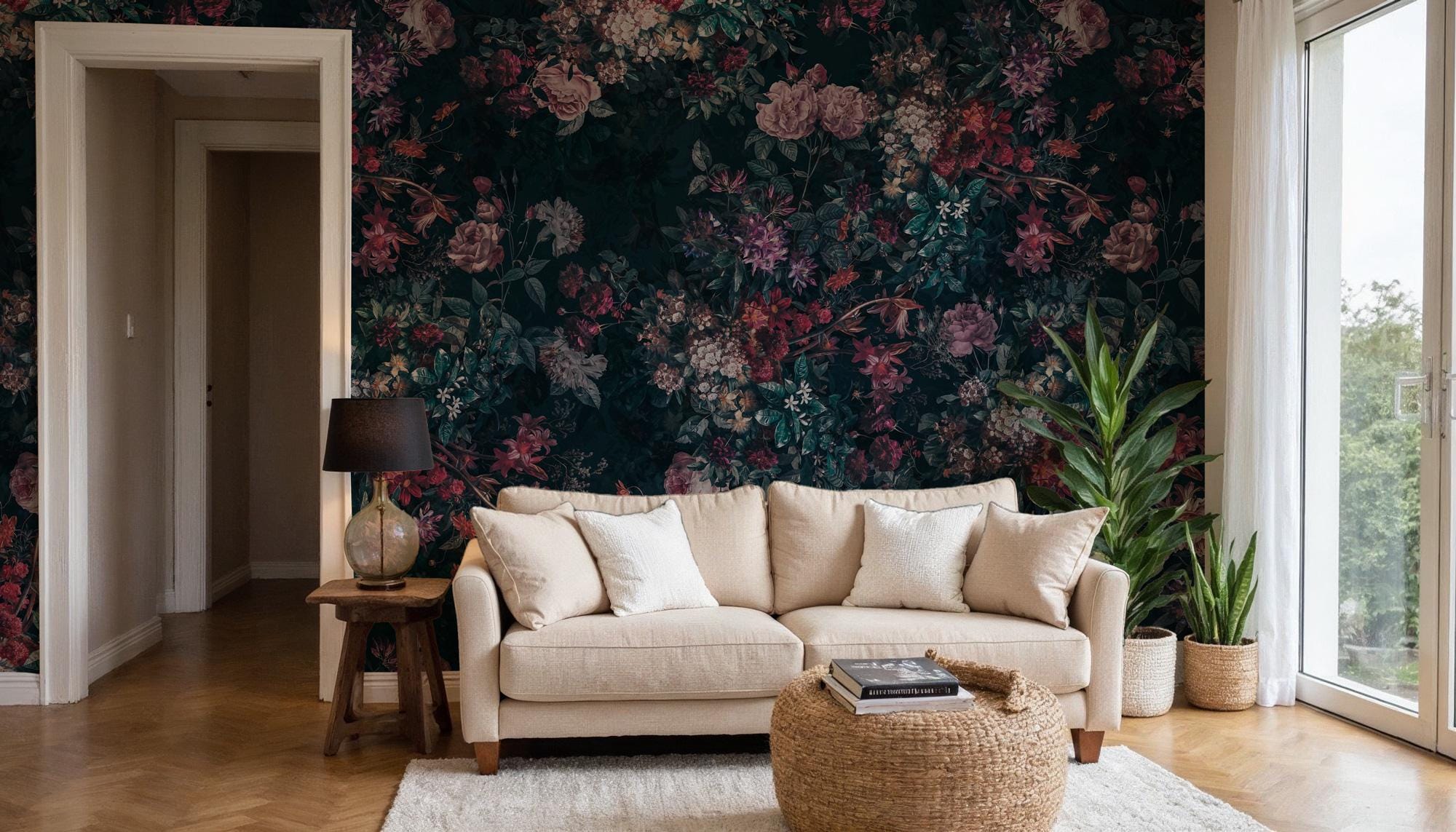Dark Moody Floral Wallpaper, Peel and Stick Wall Mural, Vintage Blooms Wallpaper, Romantic Cottagecore Decor, Bold Statement Wall Mural - View 2