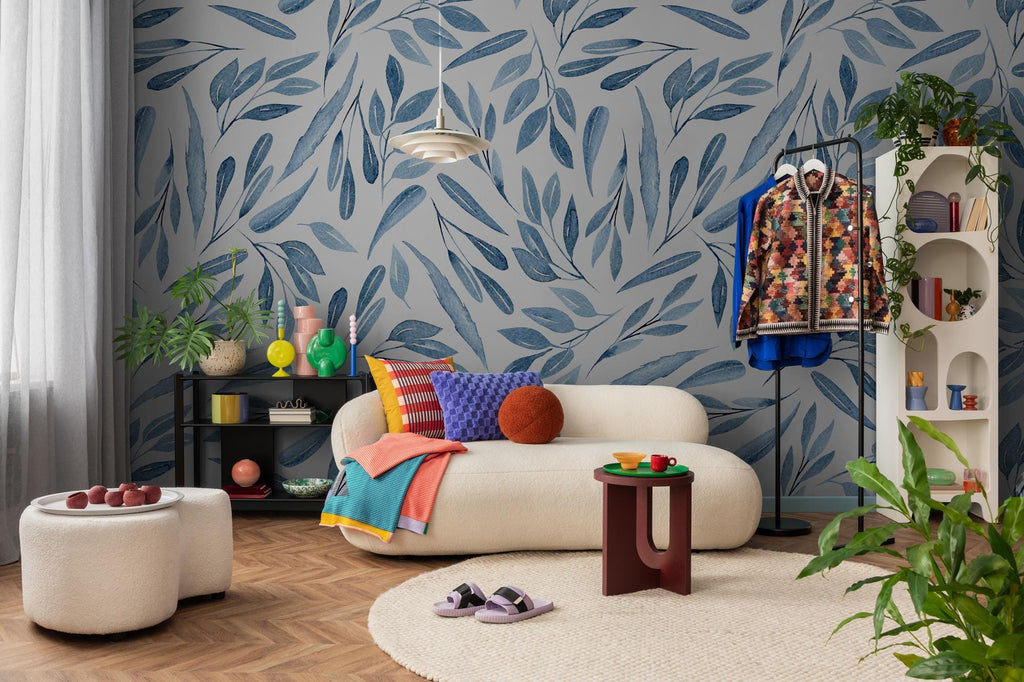 Boho Blue Leaf Wall Mural: Peel and Stick Wallpaper - View 3