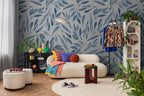 Boho Blue Leaf Wall Mural: Peel and Stick Wallpaper - View 3