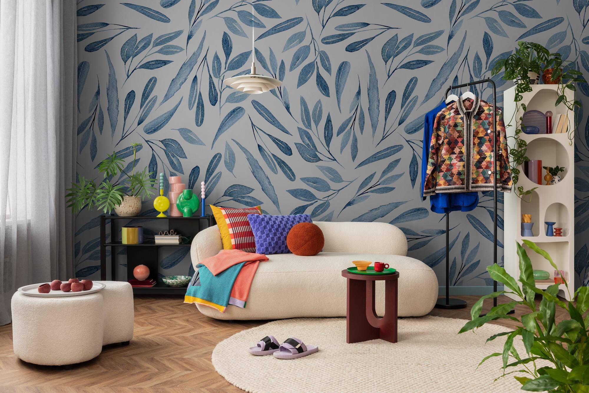 Boho Blue Leaf Wall Mural: Peel and Stick Wallpaper - View 3