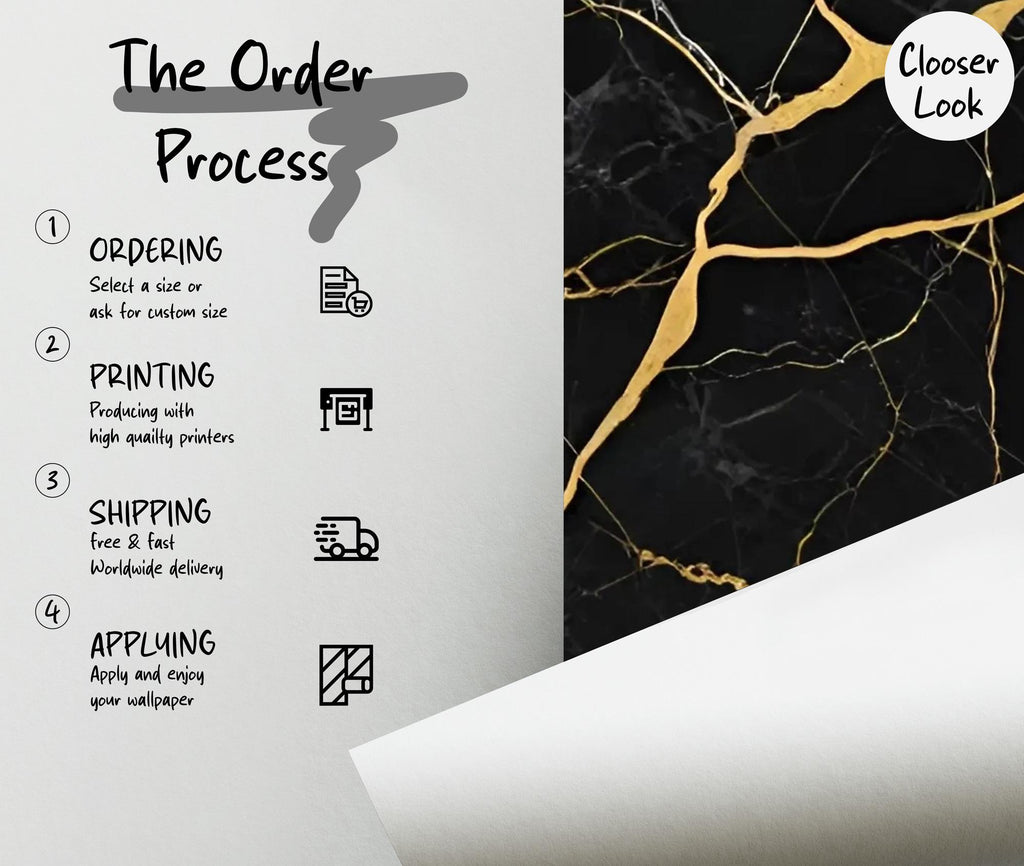 Black and Gold Marble Peel and Stick Wallpaper Mural: Modern Home Decor - View 3