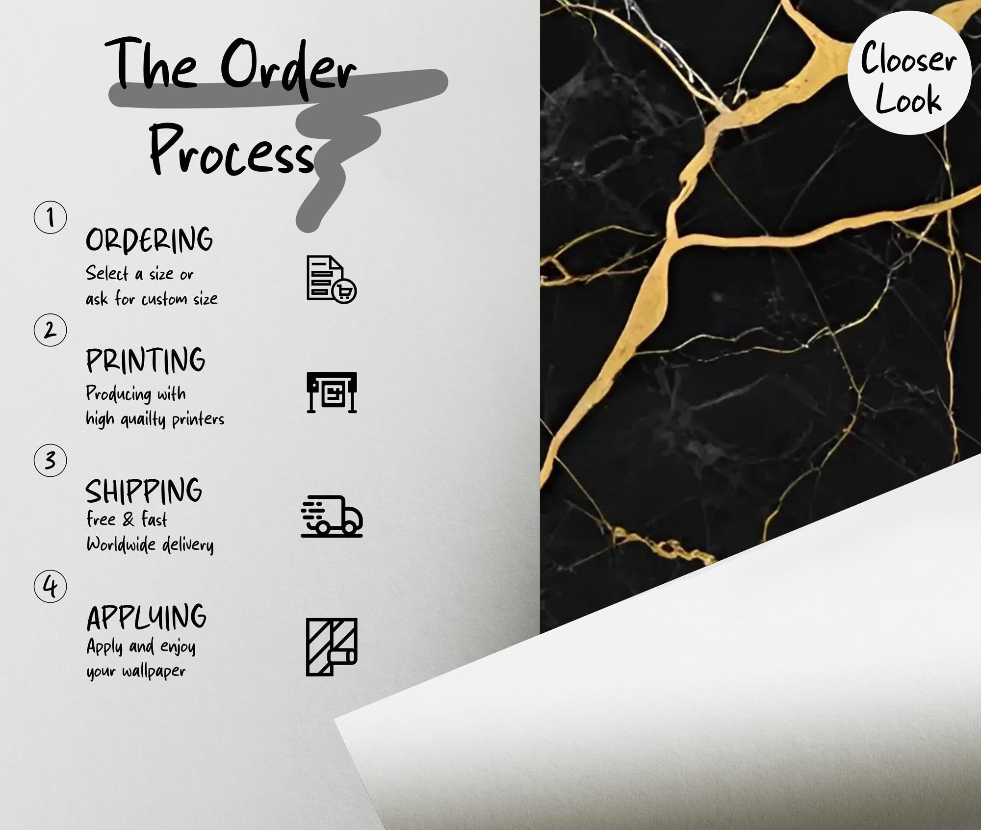 Black and Gold Marble Peel and Stick Wallpaper Mural: Modern Home Decor - View 3