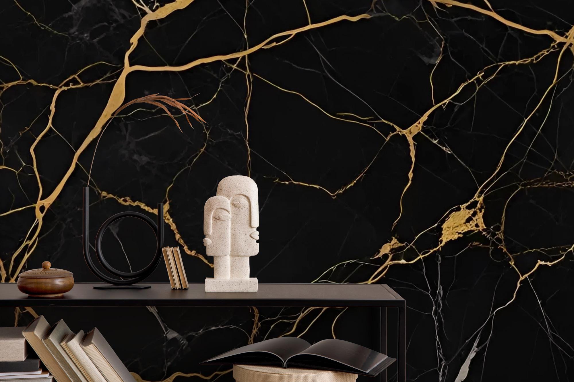 Black and Gold Marble Peel and Stick Wallpaper Mural: Modern Home Decor
