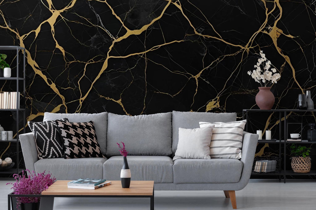 Black and Gold Marble Peel and Stick Wallpaper Mural: Modern Home Decor - View 4