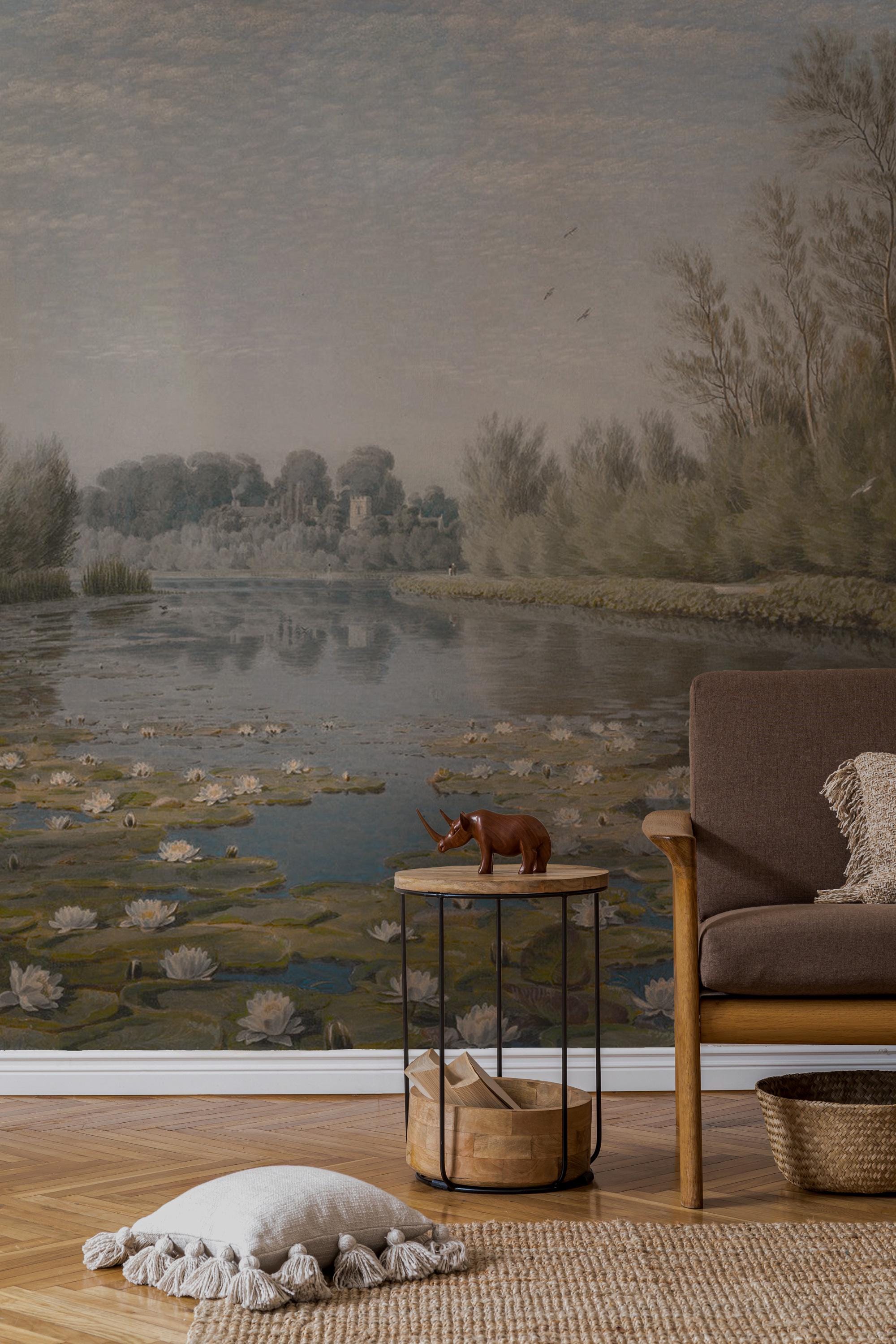 Water Lily Pond Wallpaper: Vintage Oil Painting Scenic Peel and Stick Wall Mural
