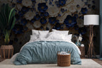 3D Blue & Gold Floral Tree Wallpaper: Elegant Metallic Wall Mural - View 4