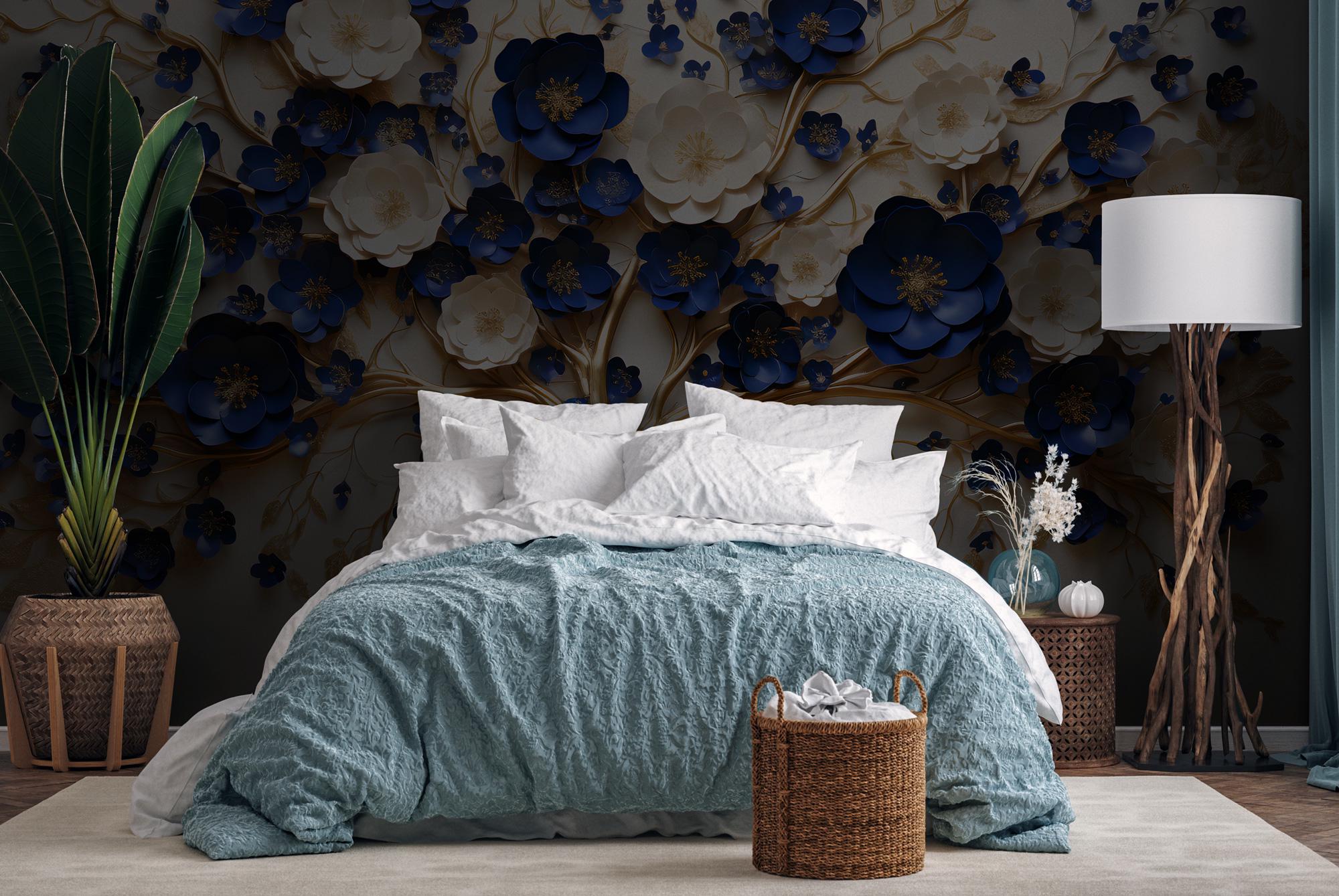 3D Blue & Gold Floral Tree Wallpaper: Elegant Metallic Wall Mural - View 4