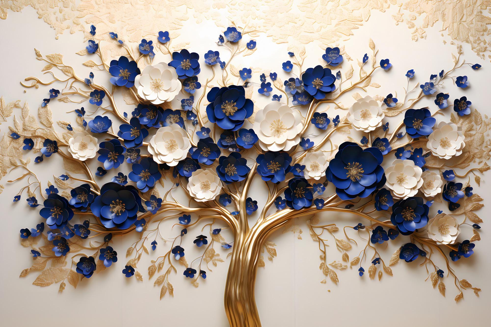 3D Blue & Gold Floral Tree Wallpaper: Elegant Metallic Wall Mural - View 5