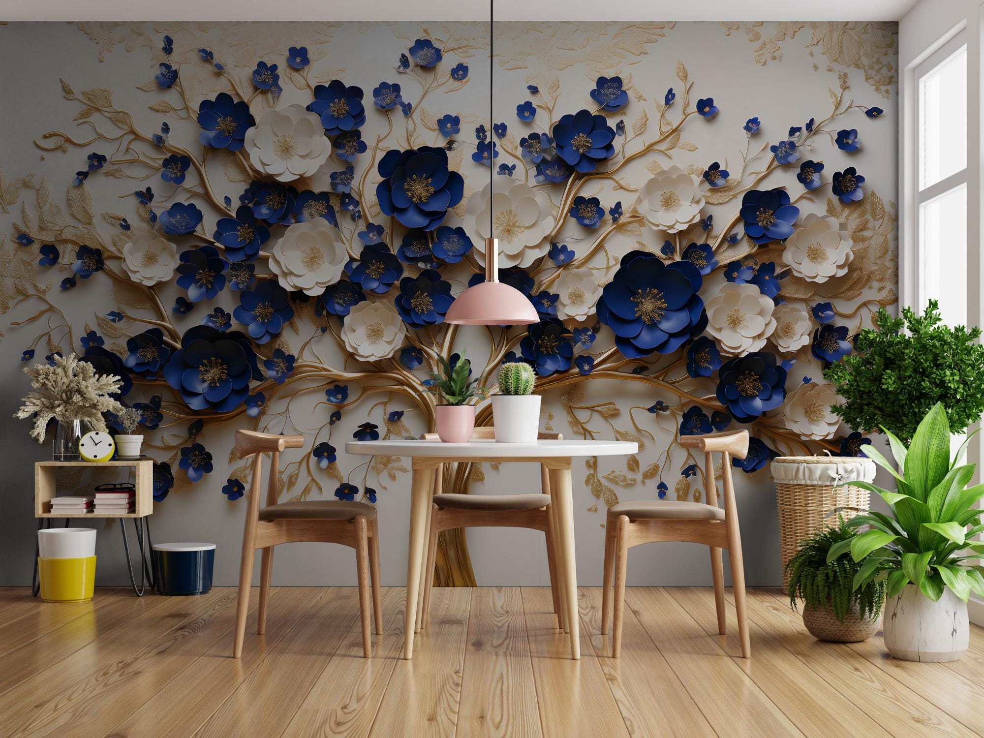 3D Blue & Gold Floral Tree Wallpaper: Elegant Metallic Wall Mural - View 2