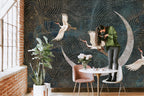 Crane & Moon Japanese Wallpaper Mural: Minimalist Line Art - View 2