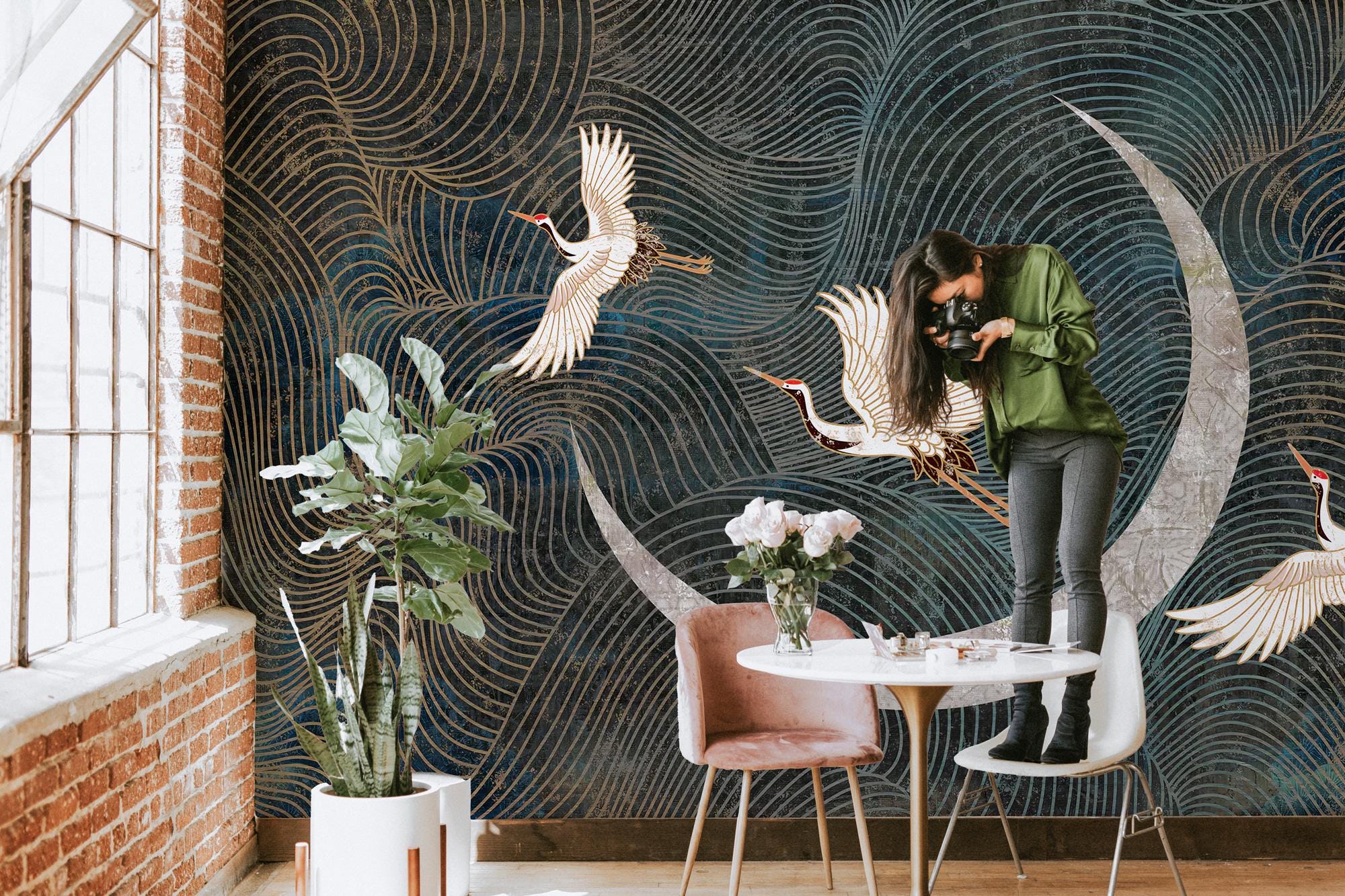 Crane & Moon Japanese Wallpaper Mural: Minimalist Line Art - View 2