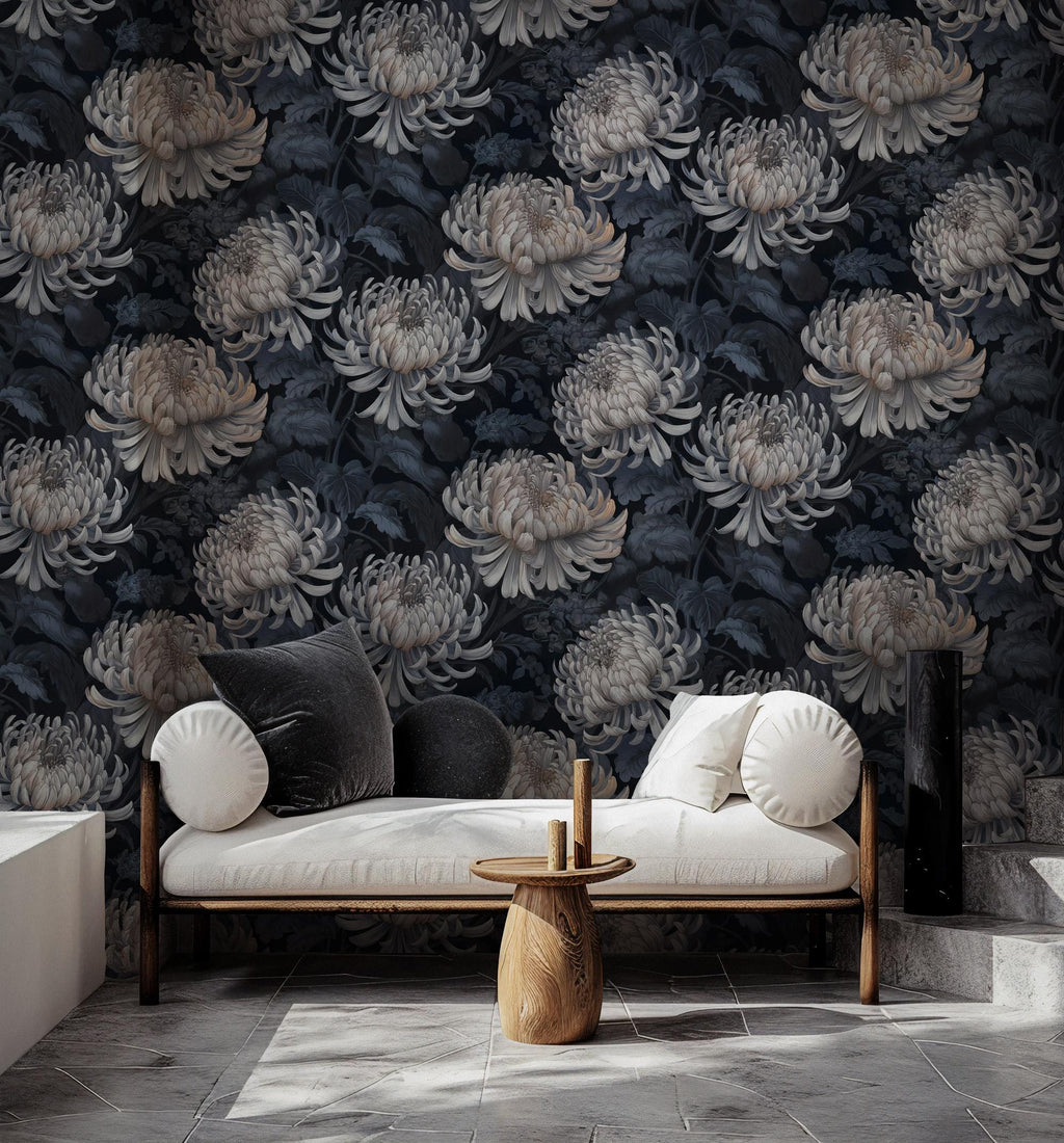 Dark Floral Wallpaper: Botanical Peel & Stick Wall Mural - View 5