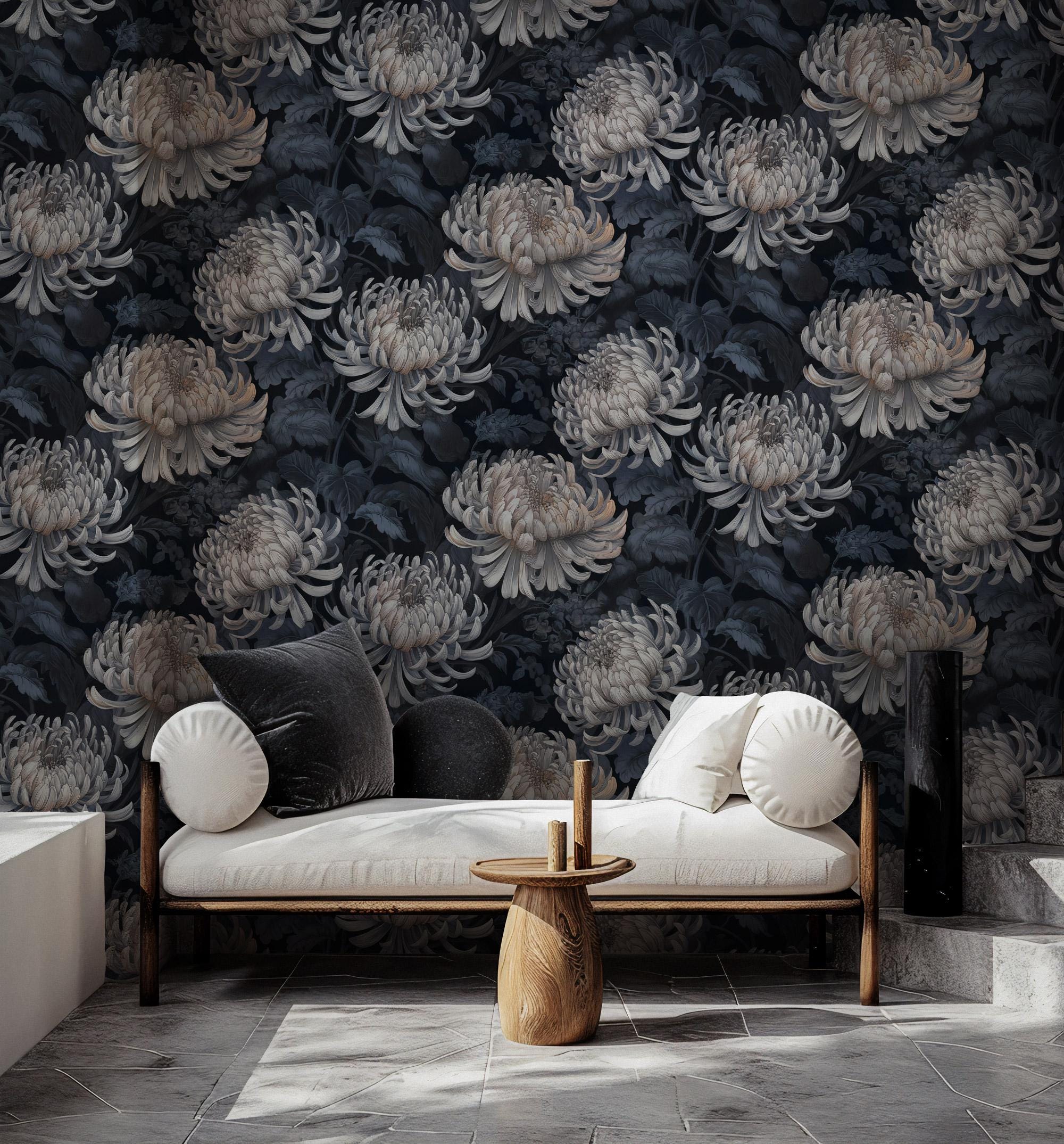 Dark Floral Wallpaper: Botanical Peel & Stick Wall Mural - View 5