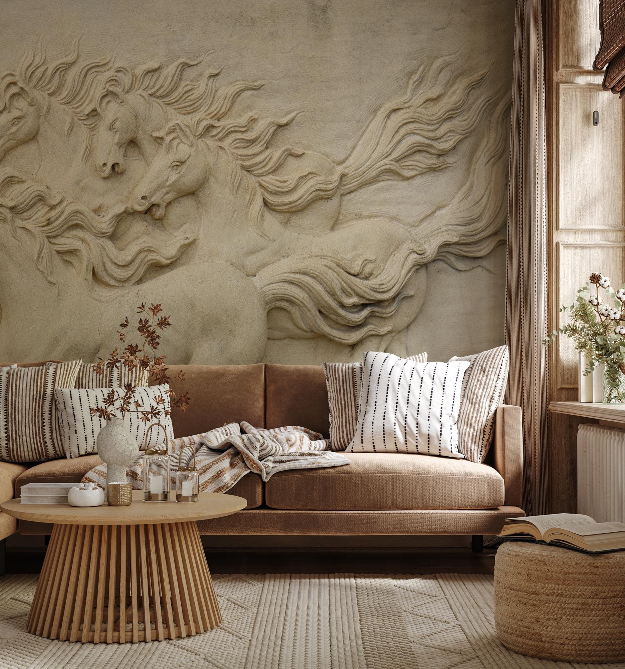 Vintage Horse Bas Relief Wallpaper: Equestrian Wall Decor, Rustic Home Decor