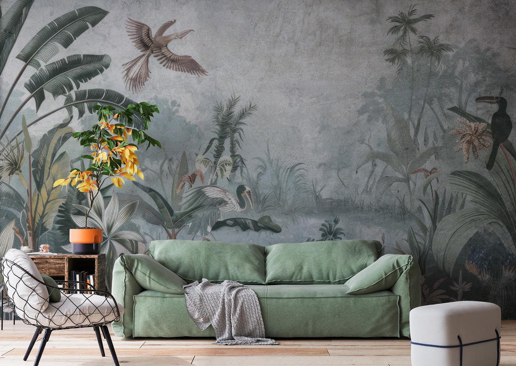 Tropical Jungle Wallpaper Mural: Vintage Rainforest Wall Art, Exotic Birds - View 2