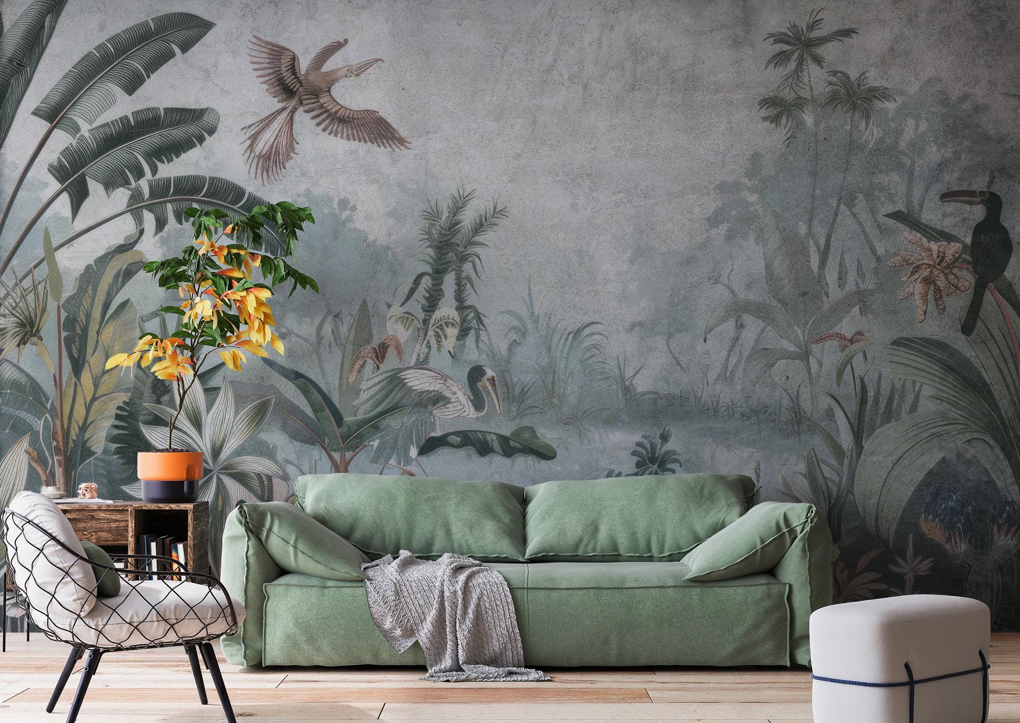 Tropical Jungle Wallpaper Mural: Vintage Rainforest Wall Art, Exotic Birds - View 2