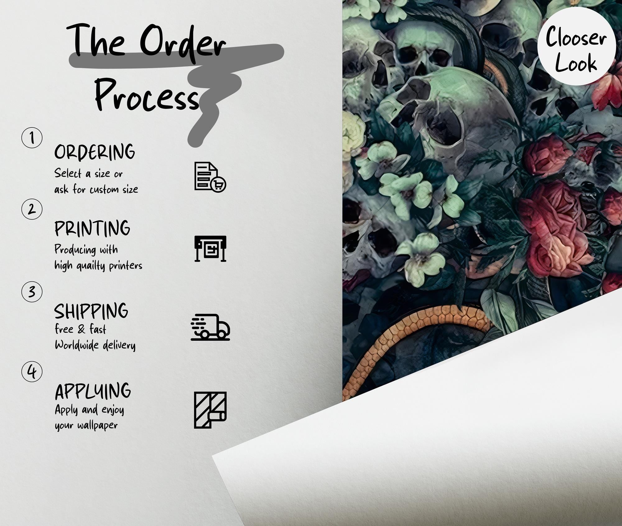 Dark Skull Floral Wallpaper: Dark Cottagecore Wall Mural - View 5