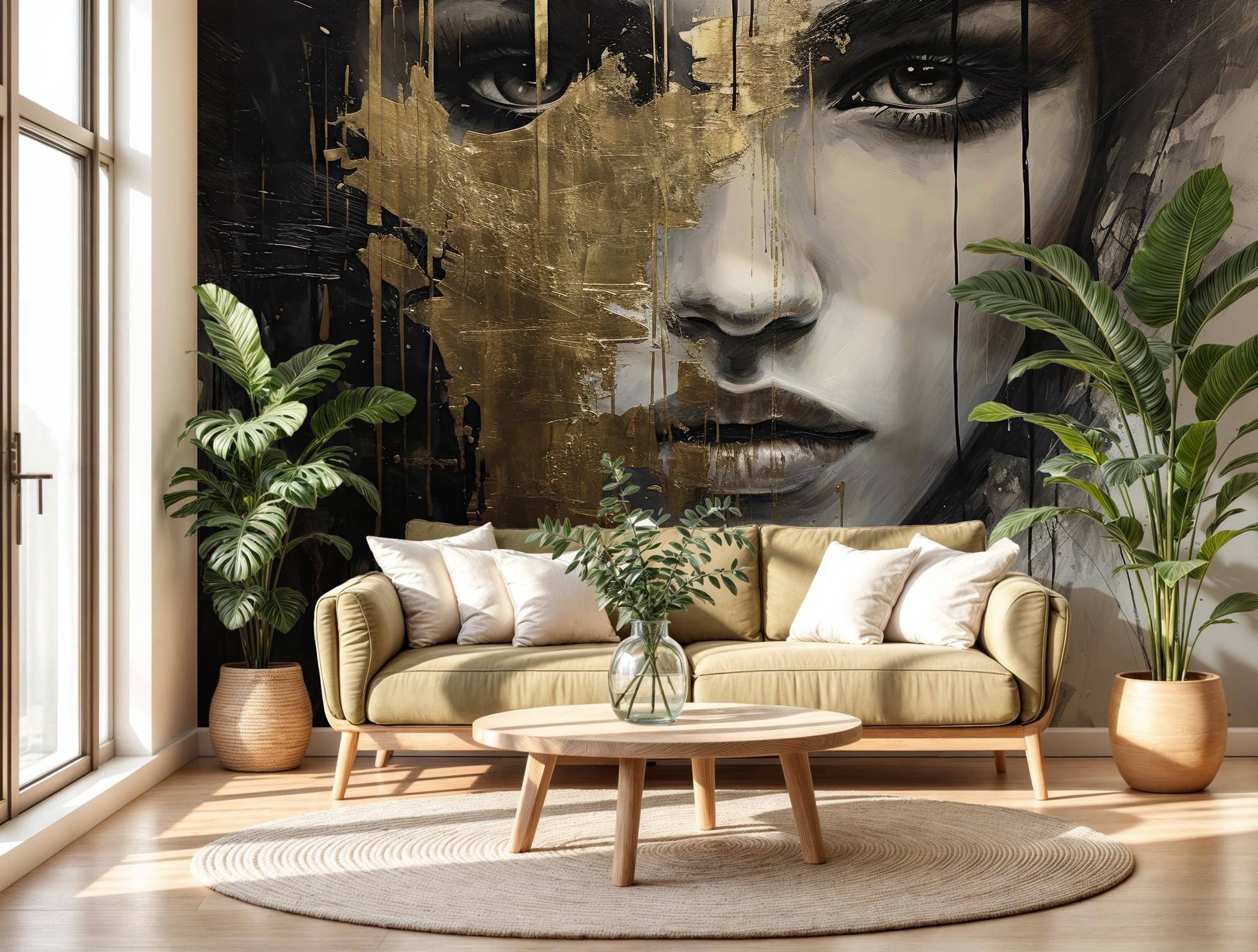 Gold Abstract Face Wallpaper Mural, Modern Art, Custom Size - View 5