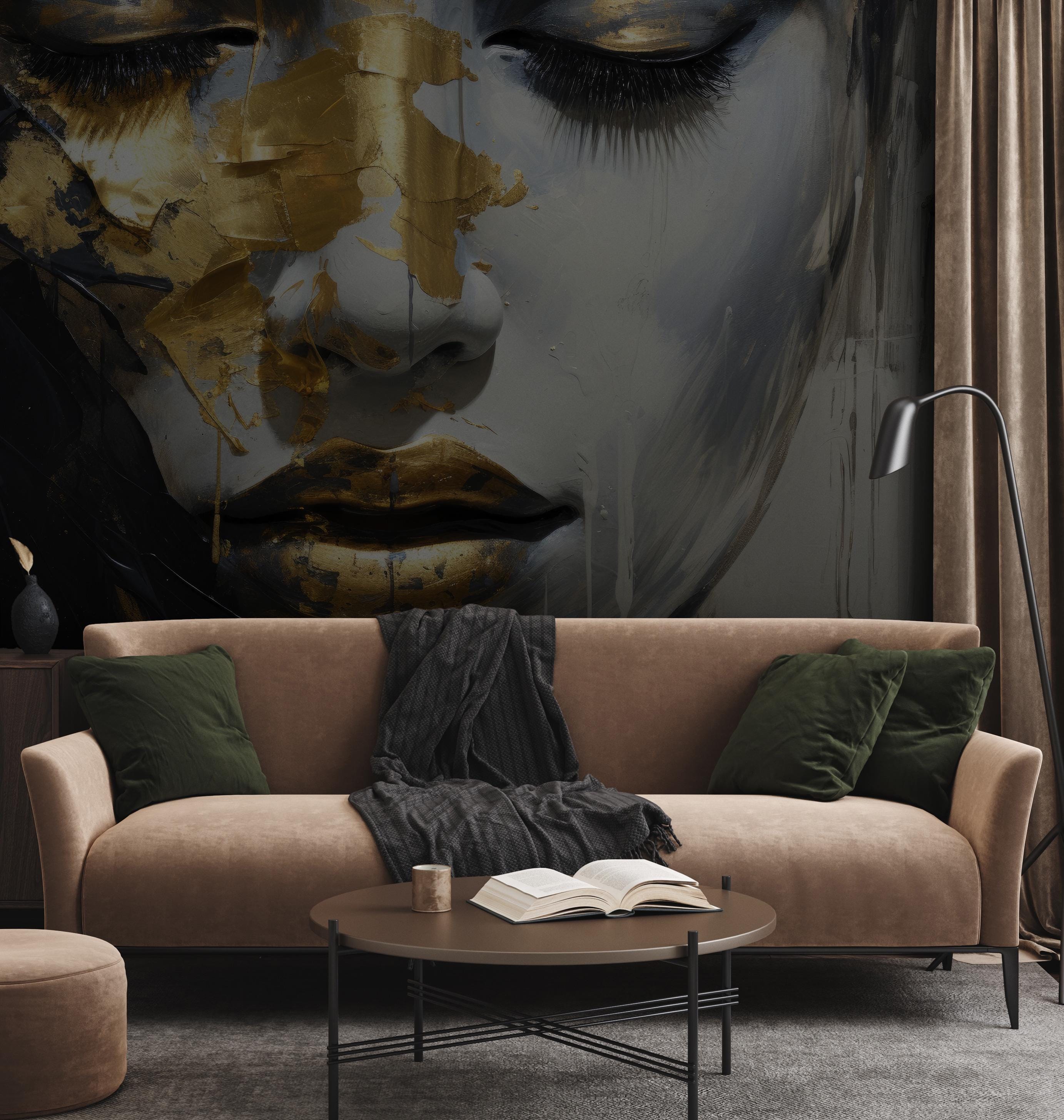Gold Abstract Face Wallpaper Mural: Modern Portrait Wall Art - View 4