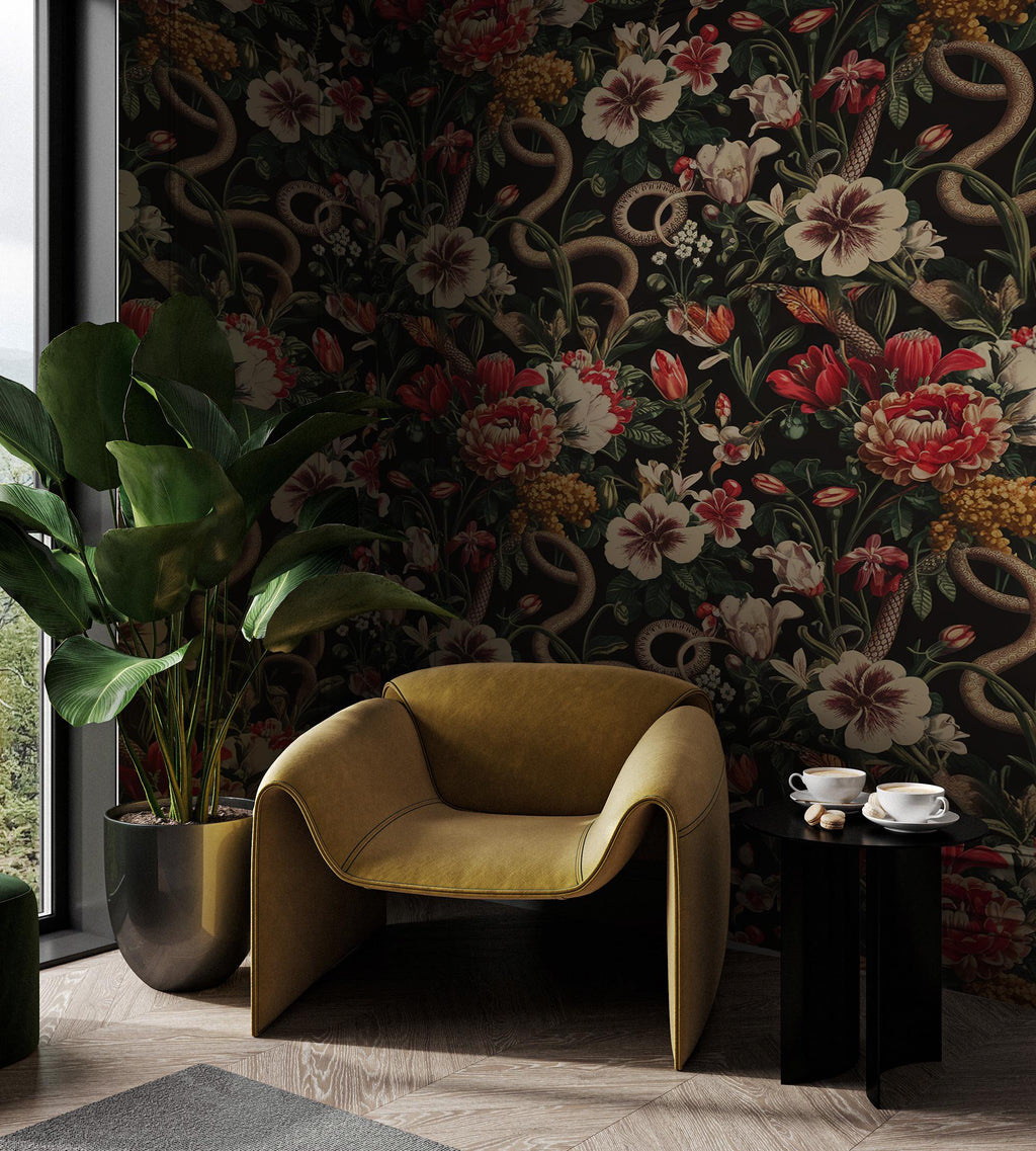 Dark Floral Snake Wallpaper Mural - Vintage Botanical Peel and Stick