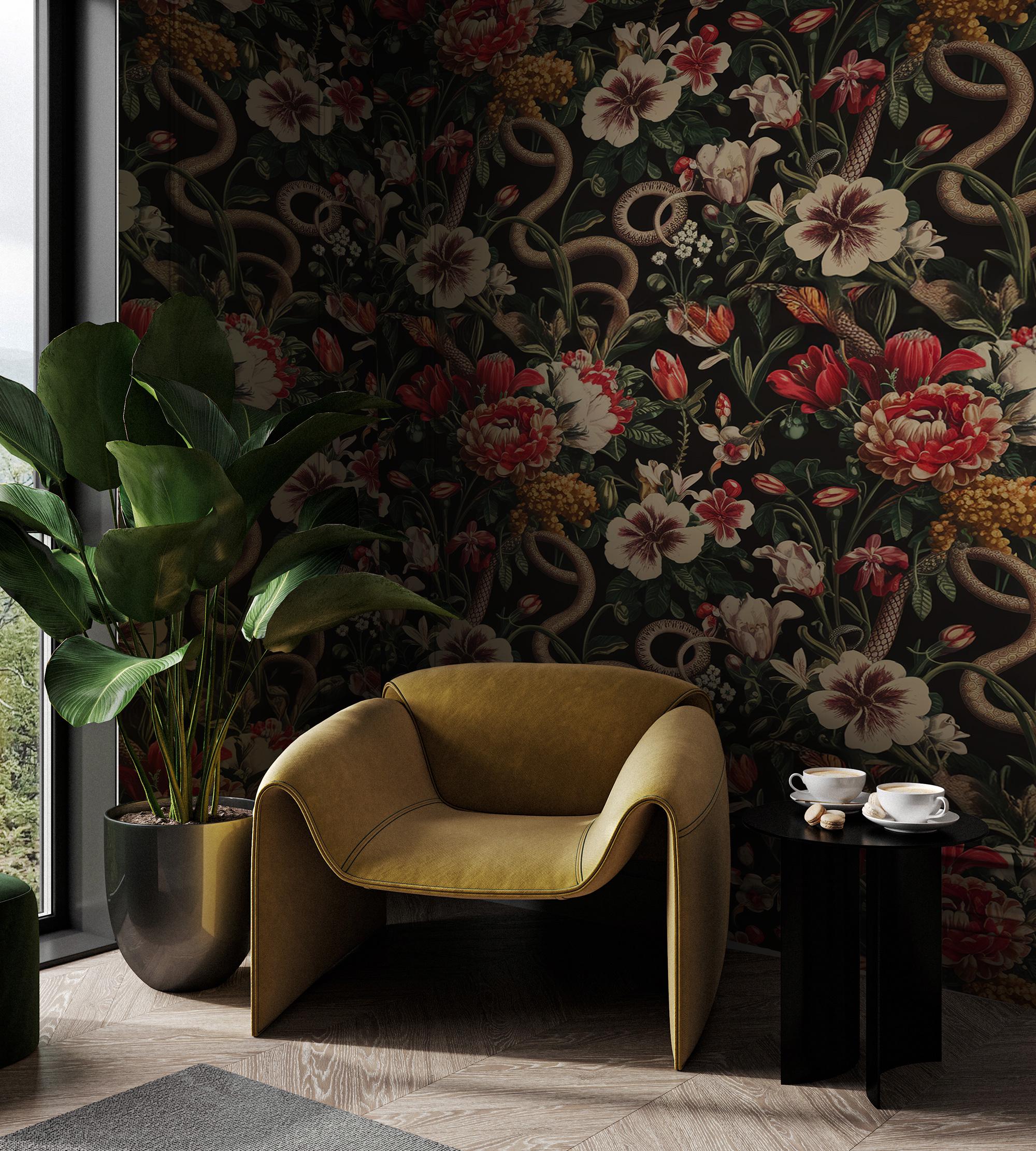 Dark Floral Snake Wallpaper Mural - Vintage Botanical Peel and Stick