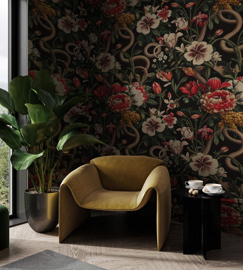 Dark Floral Snake Wallpaper Mural - Vintage Botanical Peel and Stick