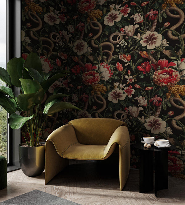 Dark Floral Snake Wallpaper Mural - Vintage Botanical Peel and Stick