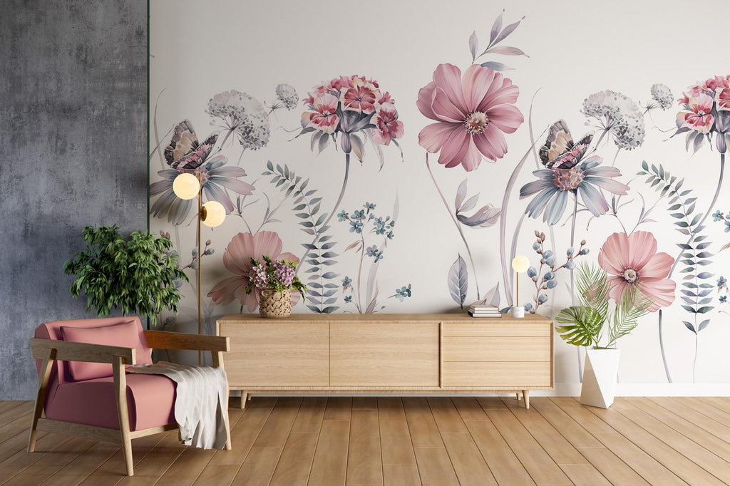 Pink Wildflower Wallpaper, Peel & Stick Floral Wall Mural - View 5