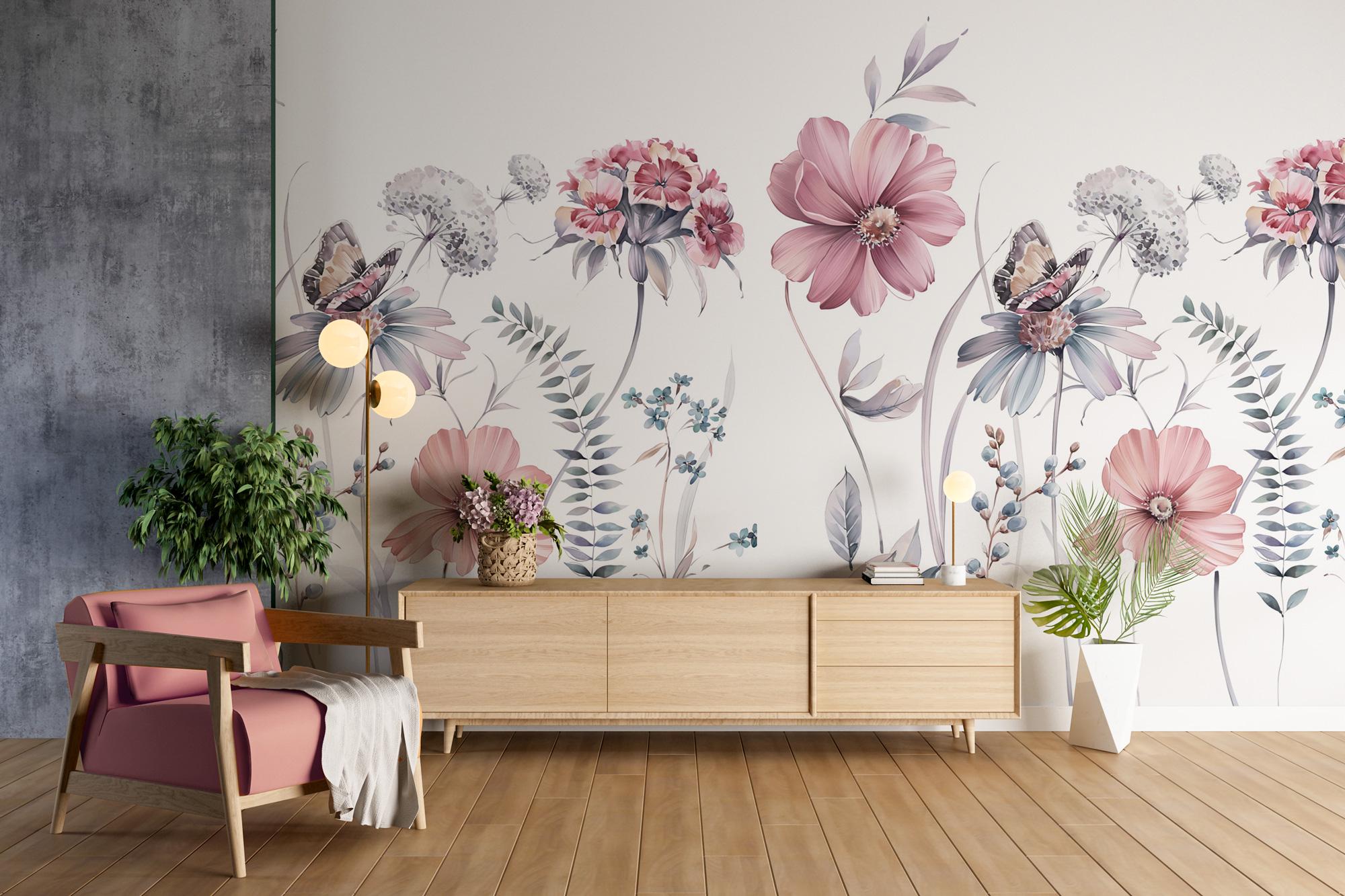 Pink Wildflower Wallpaper, Peel & Stick Floral Wall Mural - View 5
