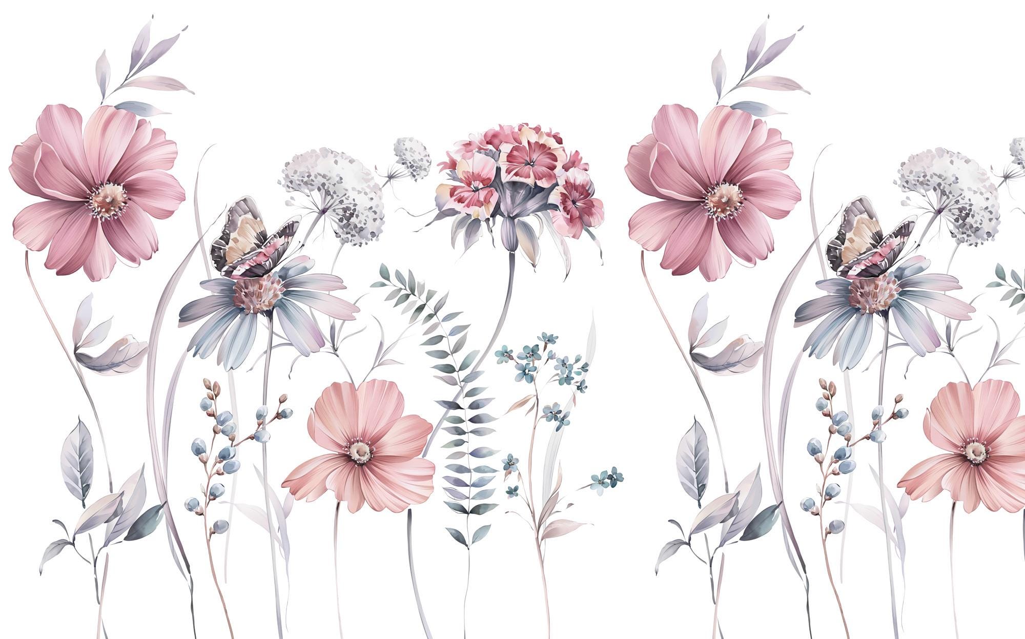 Pink Wildflower Wallpaper, Peel & Stick Floral Wall Mural - View 3
