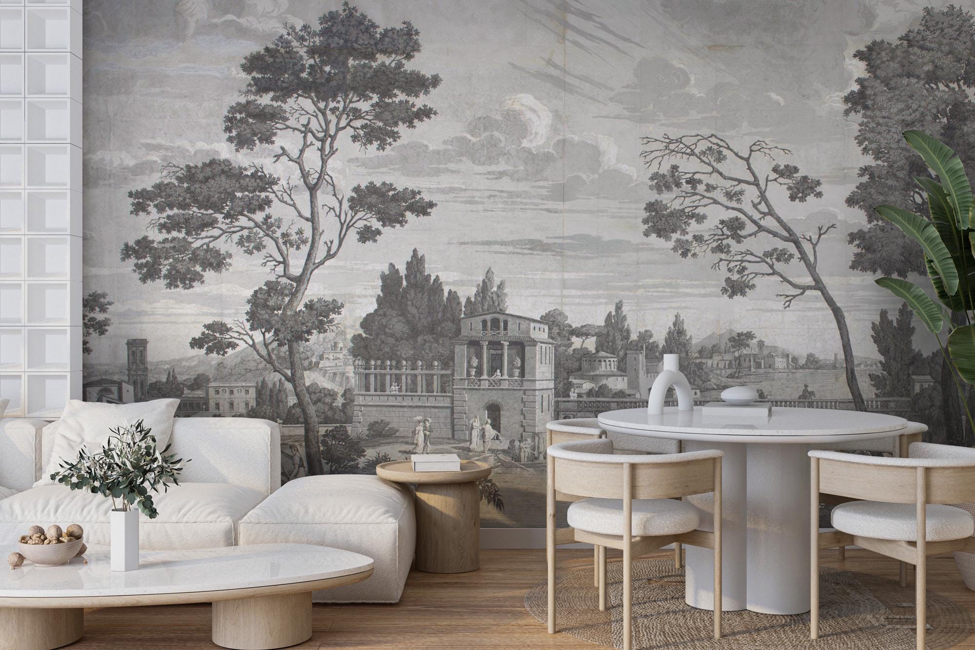 Vintage Grisaille Wallpaper Mural: Classical River Scene Peel and Stick - View 6