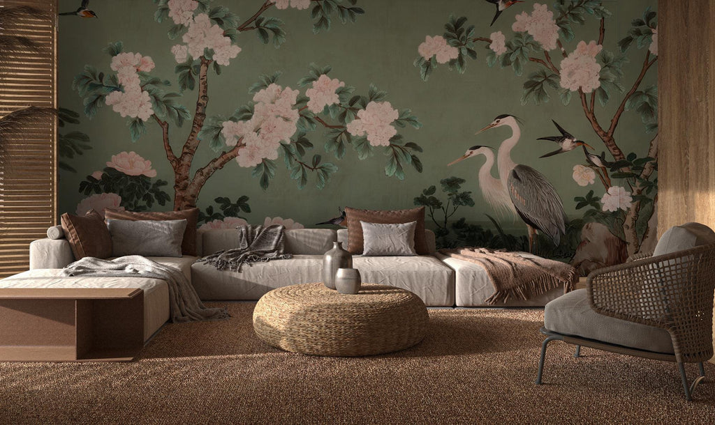 Chinoiserie Heron Wallpaper: Green Mural with Blossoms (Peel and Stick) - View 2