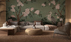Chinoiserie Heron Wallpaper: Green Mural with Blossoms (Peel and Stick) - View 2