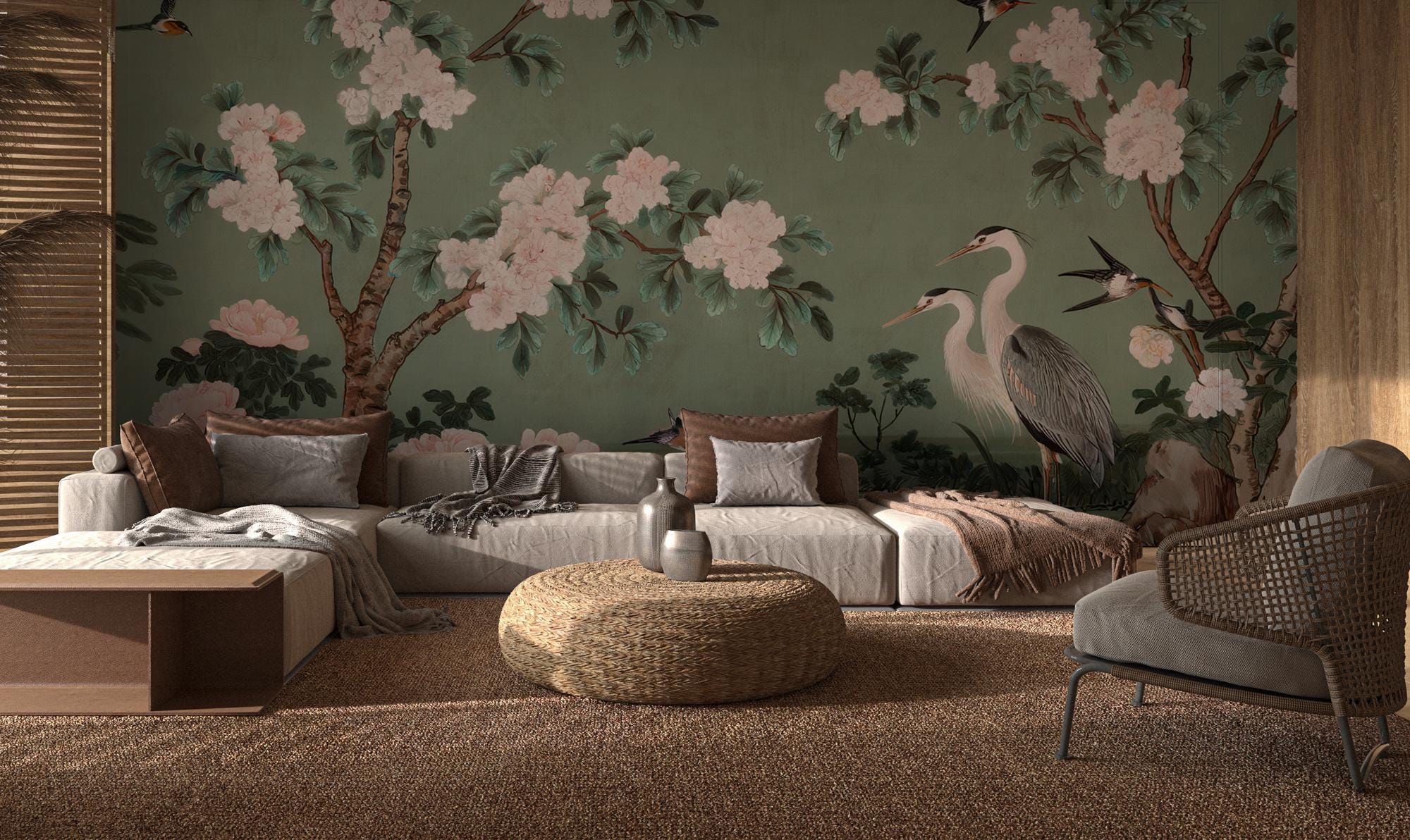 Chinoiserie Heron Wallpaper: Green Mural with Blossoms (Peel and Stick) - View 2