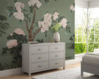 Chinoiserie Heron Wallpaper: Green Mural with Blossoms (Peel and Stick) - View 5